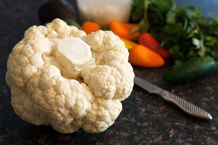 photo of cauliflower stem, prepared for spiralized cauliflower rice