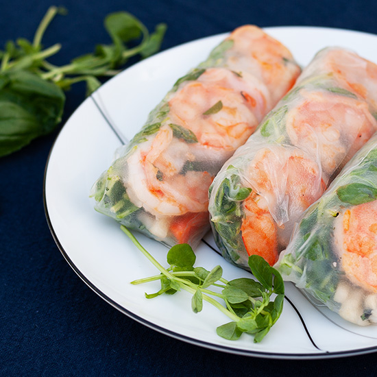 Shrimp and Pea Sprout Summer Rolls - Vietnamese fresh spring rolls with shrimp, pea sprouts, and quick-pickled jicama